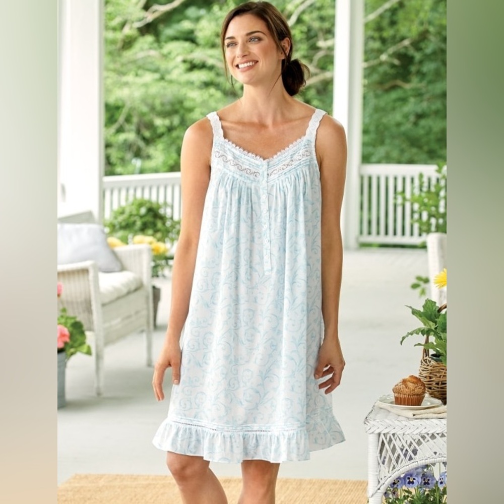 NWOT Eileen West Aqua Scroll Cotton Lawn Chemise Nightgown Women’s Size 2X